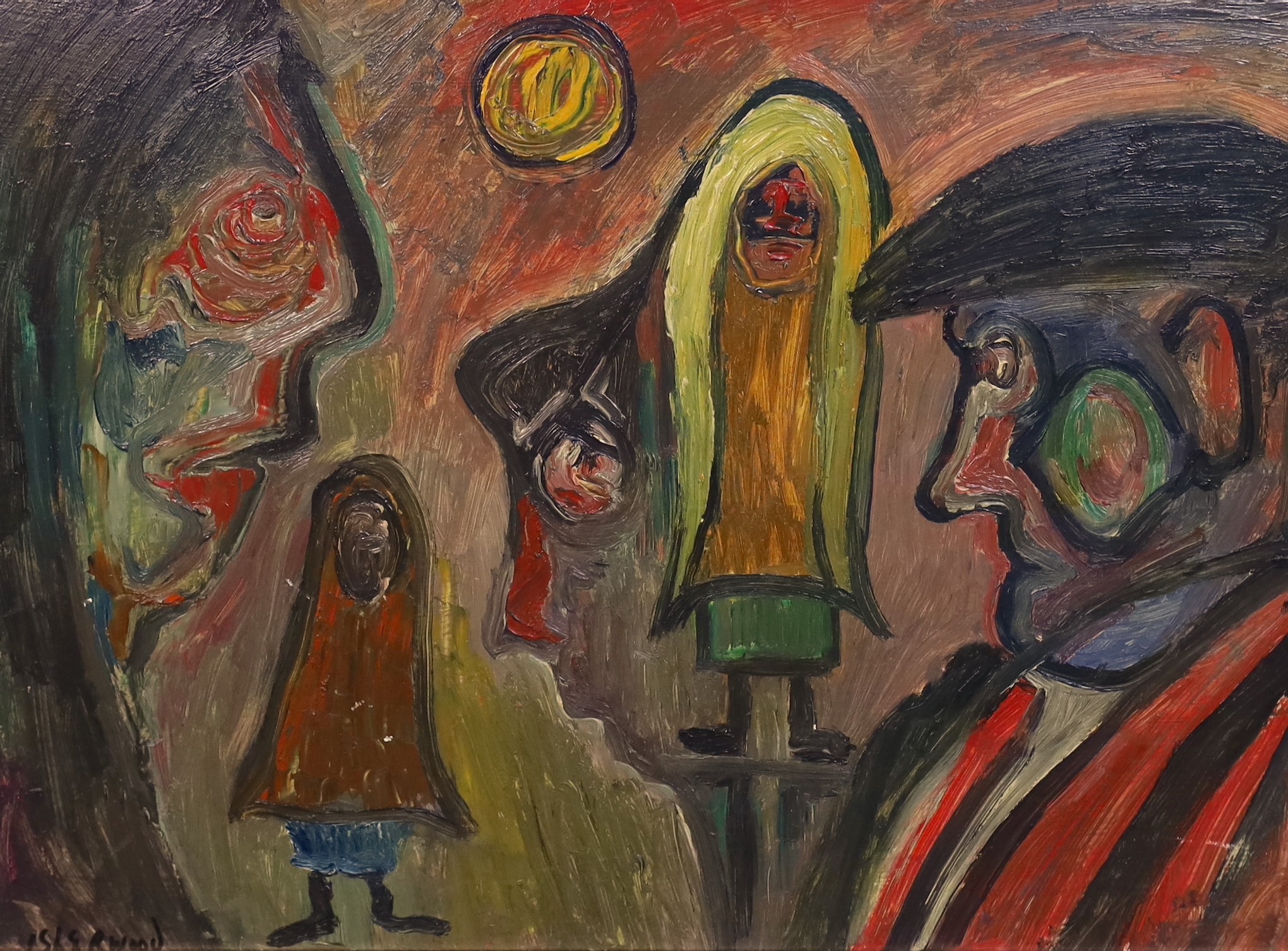 James Lawrence Isherwood (British, 1917- 1989), 'Cap Man, Shawl Woman', oil on board, 44 x 59cm